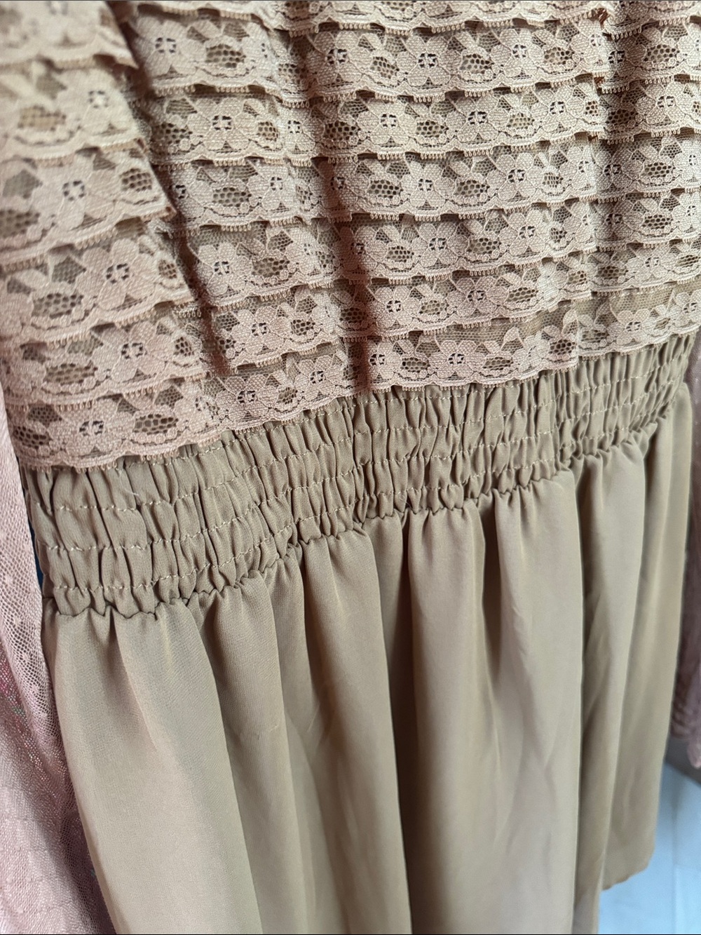 Free People Sheer Lace Bodice Long Sleeve Mini Dress in Camel - Picture 4 of 11